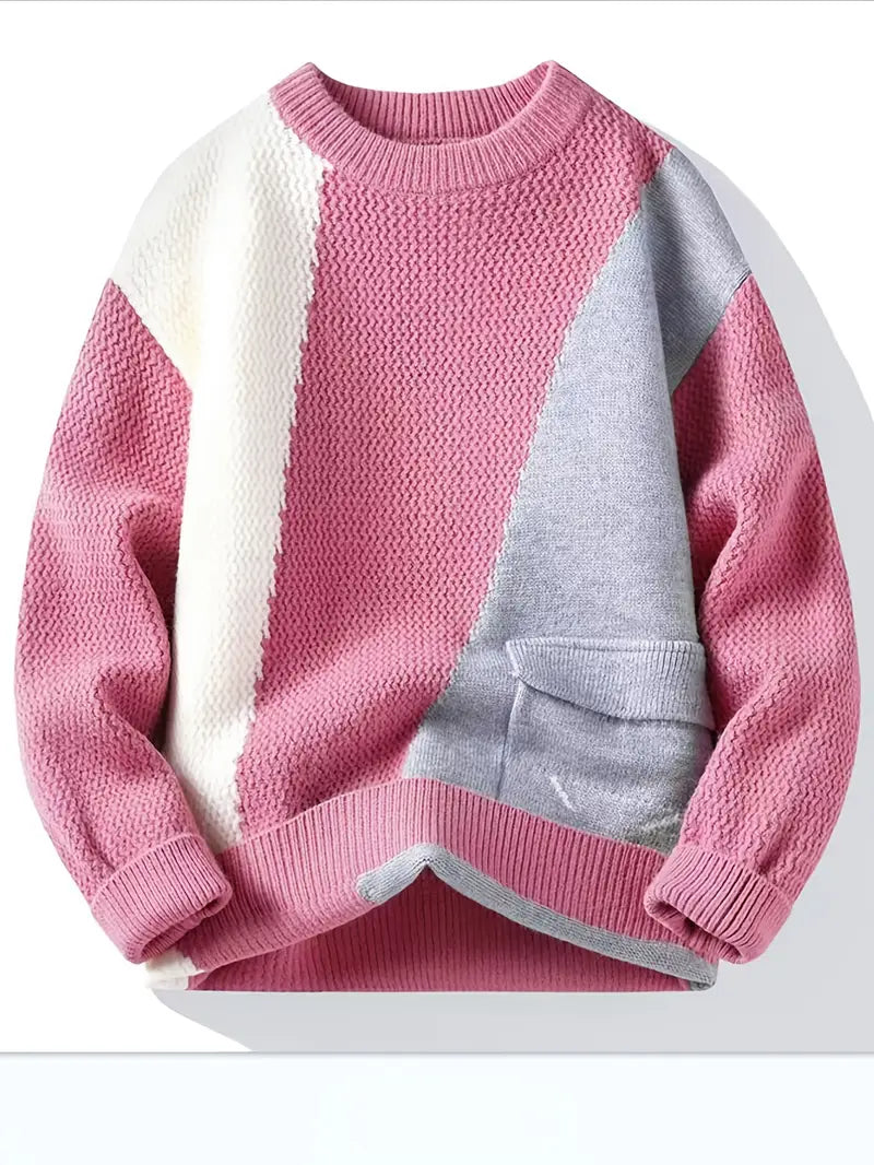 Commisely Color Block Knitted Sweater – Pink & Gray
