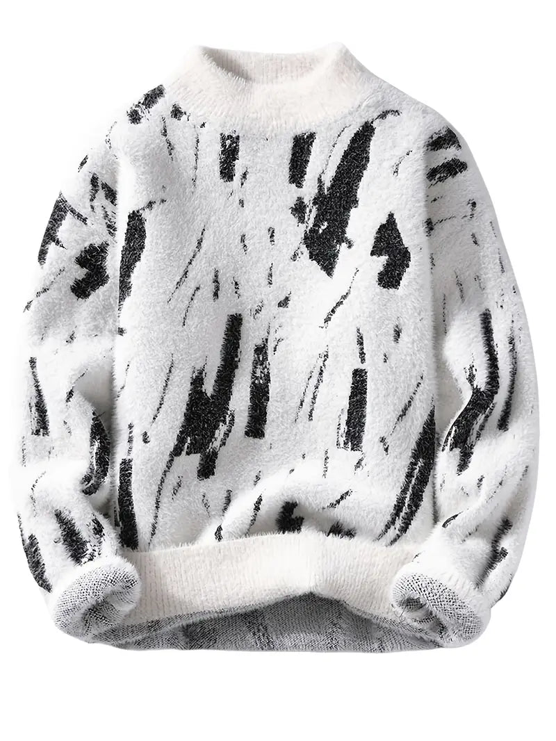 Commisely Abstract Black & White Knitted Sweater