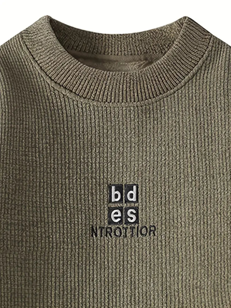 Commisely Minimal Embroidered Knit Sweater – Olive Green